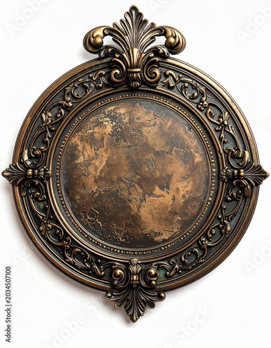 Ornate Bronze Oval Picture Frame with Detailed Scrollwork on White Background