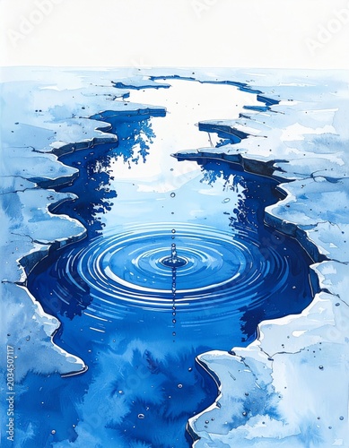Blue Watercolor of Water Droplet Rippling Across a Calm Body of Water