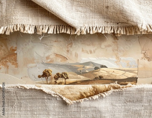 Fragmented Landscape Vista Through Torn Beige Fabric With Soft Natural Light