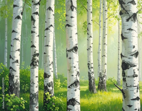 Watercolor Birch Trees Stand Tall in a Forest with Green Undergrowth
