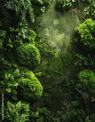 Lush Green Moss and Foliage Growing on Textured Concrete Wall Surface
