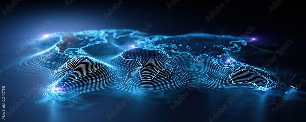 Obraz premium A glowing blue abstract world map graphic made of digital contour lines and network nodes on a dark background.