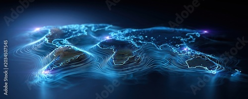 A glowing blue abstract world map graphic made of digital contour lines and network nodes on a dark background.