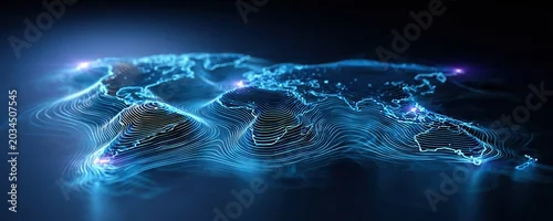 Panel kuchenny z motywem A glowing blue abstract world map graphic made of digital contour lines and network nodes on a dark background.