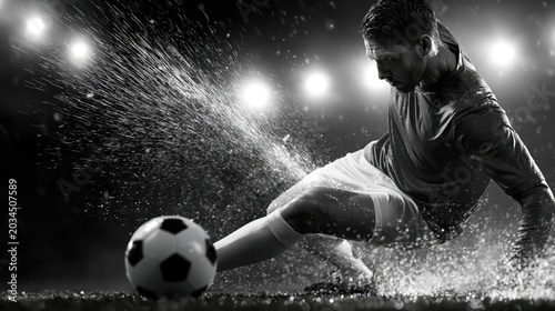 A dynamic black and white action shot of a professional football player tackling and sliding on wet grass during a match under heavy rain and stadium spotlights.