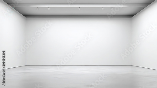 An empty, pristine white gallery space with track lighting, prepared for an art exhibition or minimalist display.