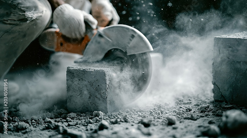 Construction Worker Cutting Concrete Block with Circular Saw, Generating Dust and Debris in Industrial Setting.