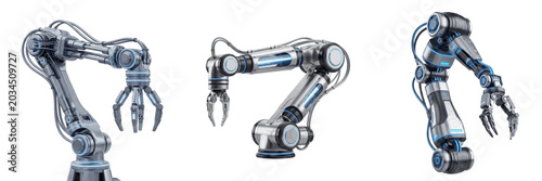 Photos Set of Industrial Robotic Arms Isolated on White Background, Advanced Automated