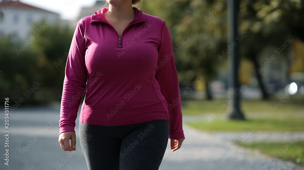 Naklejka premium Confident plus size woman in athletic wear walk outdoors on sunny day, focused on health, wellness, and self-care in urban park or street