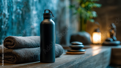 A black water bottle, rolled towels, and spa stones create a serene wellness scene for relaxation and hydration.