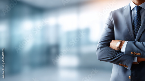 Professional recruitment meeting portrait of elegant businessman in suit, head and shoulders only, blurred office background