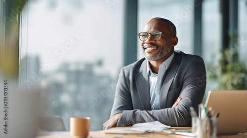 Corporate HR lifestyle image of confident businessman during onboarding meeting, cinematic daylight
