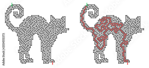 Maze black cat designed in a playful labyrinth style with pathways shown in red and green, for Halloween    