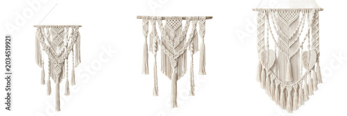 Set of Three Decorative Macrame Wall Hangings, Handmade Bohemian Style Fiber Art with Tassels. Boho Chic Home Decor for Living Room, Nursery, or Bedroom, High-Quality Cutout PNG Stock Asset for Interi
