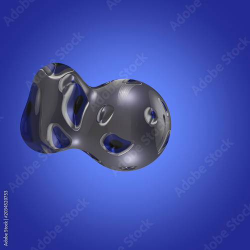 Silver liquid organic metaballs on blue background