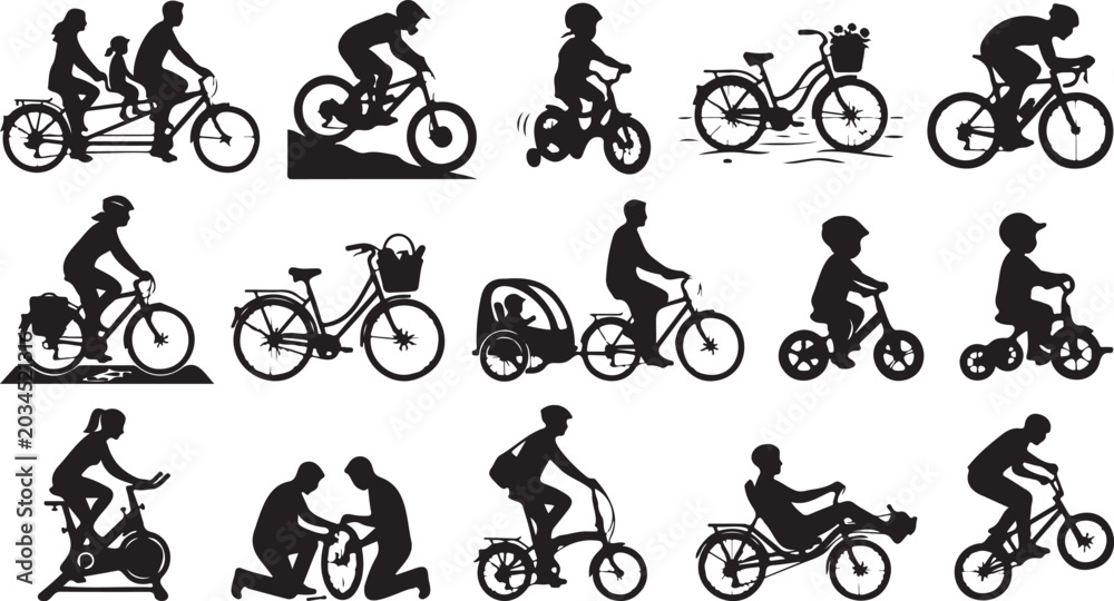 Naklejka premium Collection of diverse bicycle riders and bikes silhouettes Vector