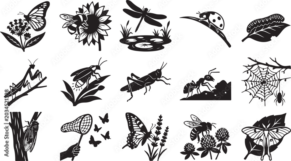 Fototapeta premium Collection of black and white insect silhouettes in nature scenes Vector