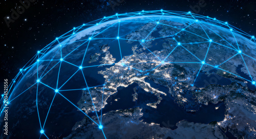 Global digital network grid illuminating Earth, a captivating illustration symbolizing worldwide communication, data flow, and technological interconnectedness across continents