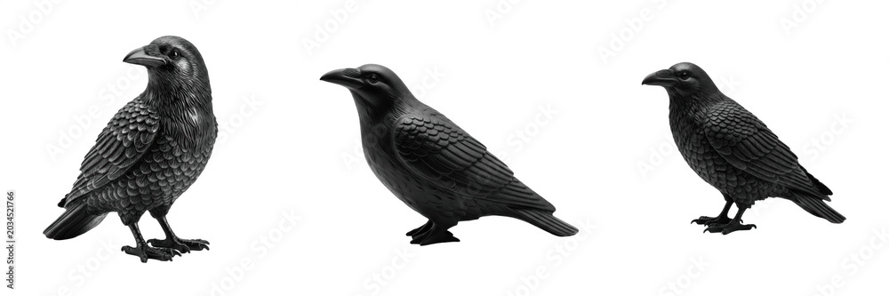 Fototapeta premium Set of Three Realistic Black Raven or Crow Figurines Isolated on White Background, Detailed Bird Statues for Halloween Decoration, Gothic Wildlife Graphic Elements, High-Quality Cutout PNG Collection 