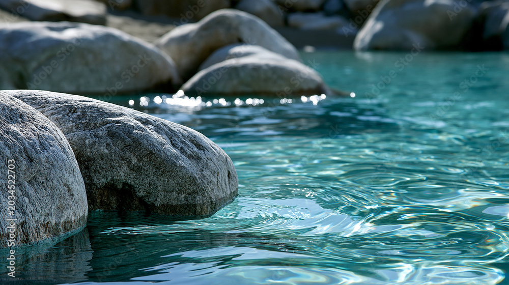 Naklejka premium Clear turquoise water gently flows over smooth stones in sunlight.