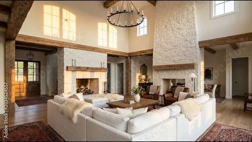 Grand modern farmhouse living room with soaring ceilings, a massive double-sided white stone fireplace, wood beams, and cozy white sofas.