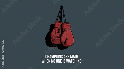 Hanging red boxing gloves on dark background with motivational quote