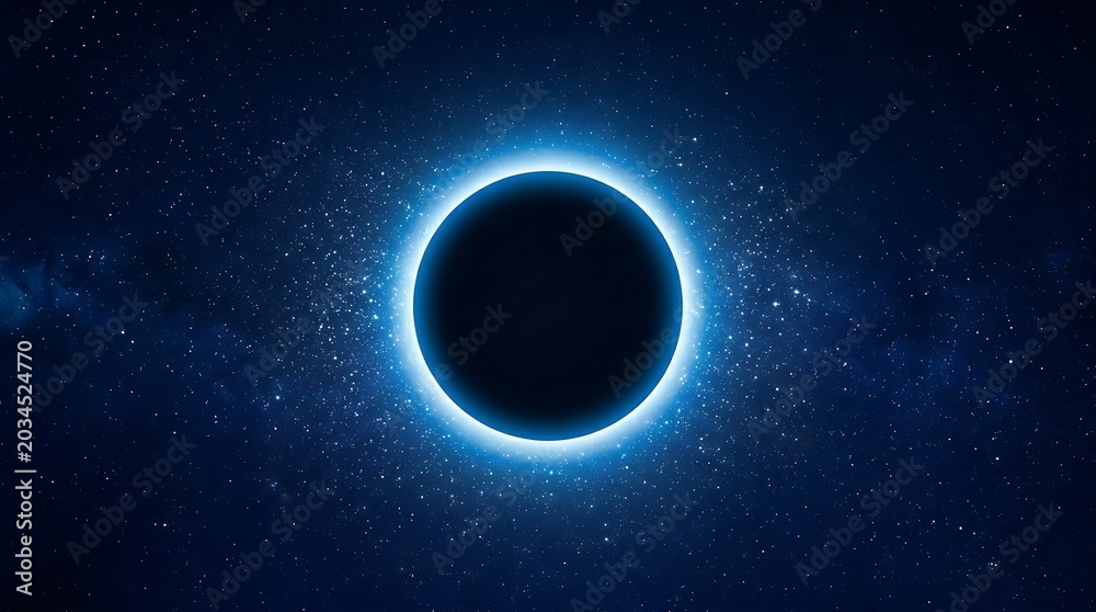 Obraz premium Ethereal black hole with a luminous blue ring emanates light amidst a vast expanse of sparkling stars in the cosmos