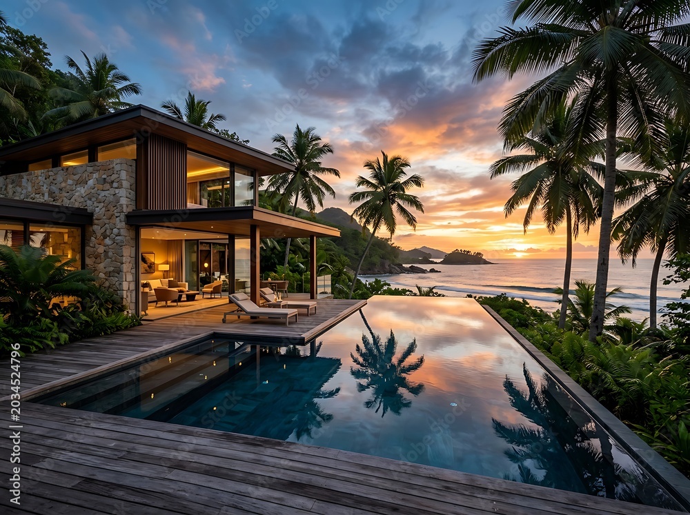 Fototapeta premium Luxurious villa with infinity pool overlooking a breathtaking tropical beach at sunset. Palm trees sway gently in the warm breeze as the sky ignites with vibrant colors