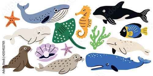 Photos Marine life vector set with blue whale, killer whale, beluga, sperm whale, seal, fur seal, seahorse, stingray, starfish, shell