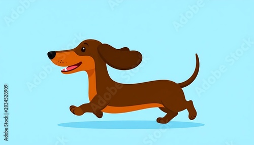 Happy Brown Dachshund Running Across Blue Background