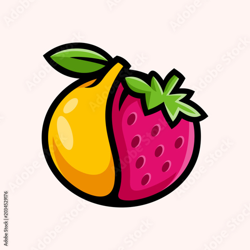 Cute mango strawberry fruit logo vector illustration, colorful cartoon food icon, fresh healthy branding design, playful tropical fruit emblem
