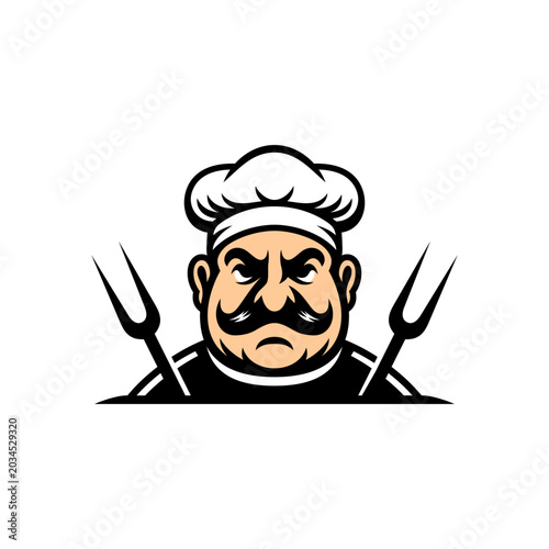 Angry Italian chef mascot logo vector illustration, barbecue restaurant branding, cartoon cook character with forks, bold culinary emblem design isolated