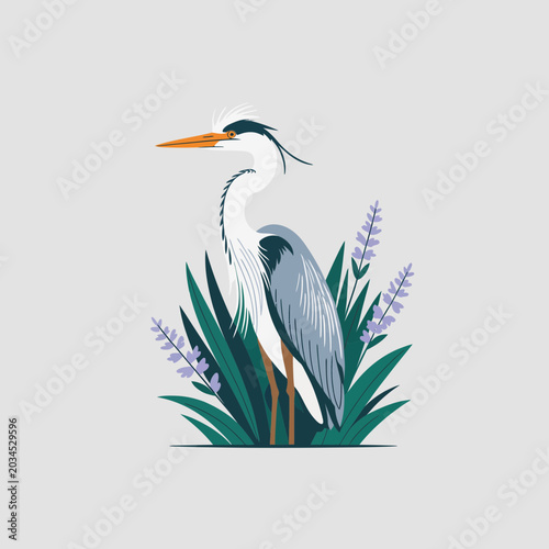 Obraz na płótnie Flat vector illustration of a grey heron standing among green reeds and purple w