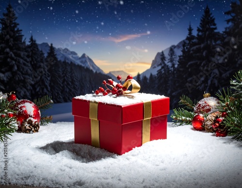 Festive Red Gift Box Resting on Snowy Ground in Winter Mountain Forest at Dusk