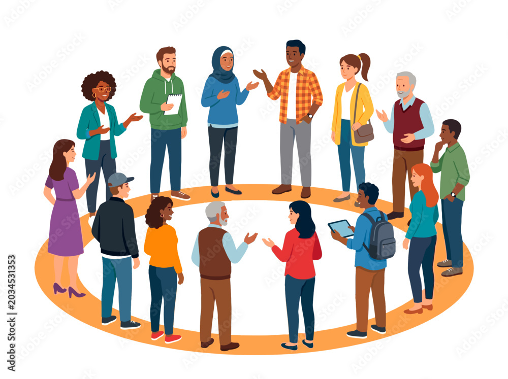 Obraz premium Diverse group of people standing in a circle discussing ideas together