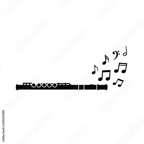 Foto Black Flute with Music Notes Floating.