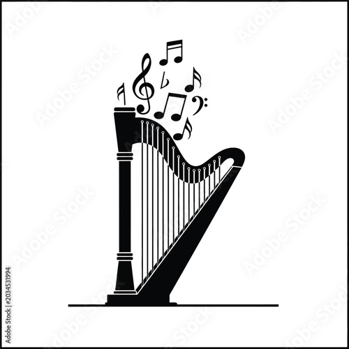Foto Black Harp with Music Notes Rising.