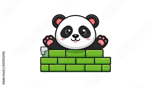 Cute Cartoon Panda Peeking Over Green Brick Wall on White Background