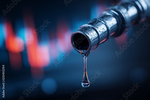 Close view of metal fuel nozzle dripping oil with blurred stock market charts in background