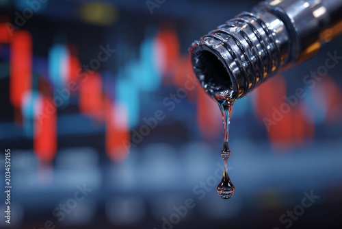 Detailed close-up of a fuel nozzle dripping oil with stock market charts in the background