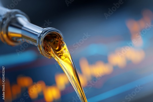 Fuel nozzle pours liquid with financial graphs in the background showing market trends and changes