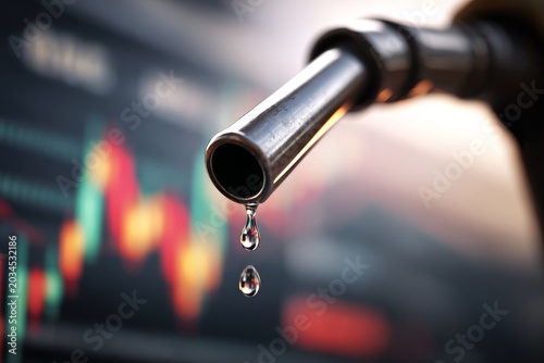 Close-up view of a fuel nozzle with gasoline drip, set against financial graphs