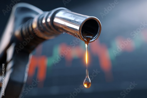 Fuel nozzle drips gasoline with financial graphs in background