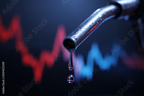 Close-up shot of fuel nozzle dripping oil against blurred stock market lines in red and blue
