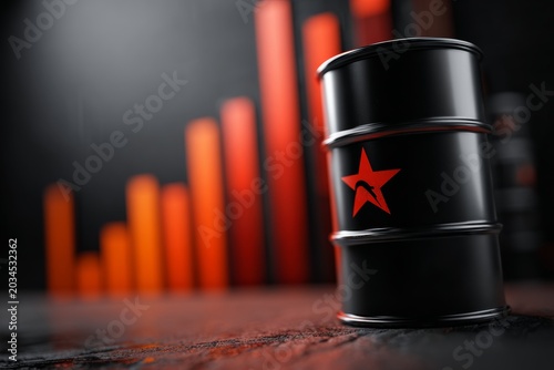 Close-up view of a black oil drum with a red star and a red-orange graph background