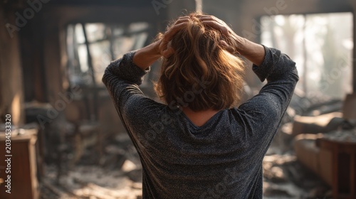 Middle-aged woman stands in a burned room looking at the destruction after a fire