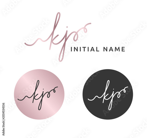 kj signature luxury logo. Handwritten emblem monogram with metallic pink elements