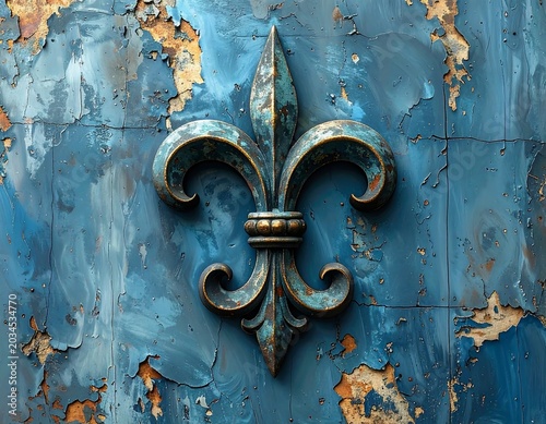 Weathered Metal Fleur De Lis Emblem Centered on Peeling Blue Painted Surface