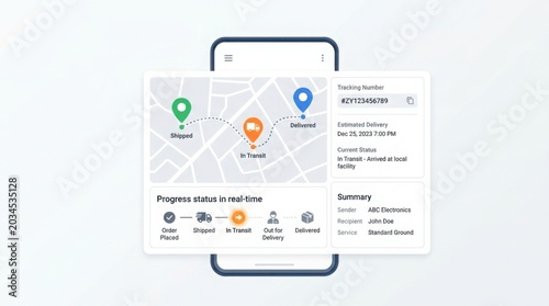 Real-time package delivery tracking app interface on smartphone with location map and status updates