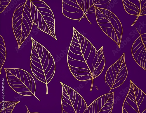 Elegant Golden Leaf Line Art Pattern on Deep Purple Background